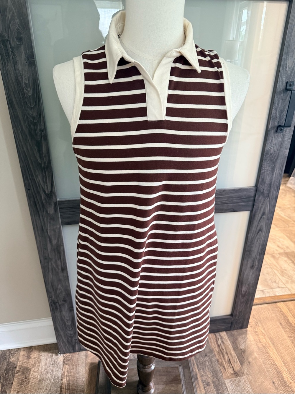 Isaac Mizrahi Brown Cream Striped Sleeveless Knit Preppy Polo Shirt Dress M